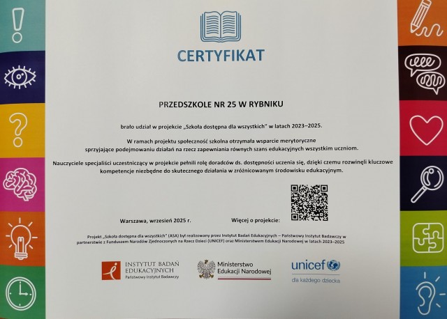 Certyfikat udziału w projekcie "Szkoła dostępna dla wszystkich"